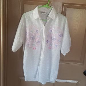 1x light grey eyelet blouse with pink, purple and blue embroidery,by PEACHY